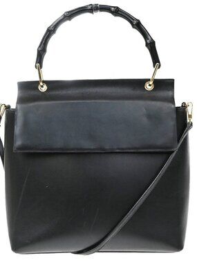 GUCCI Logo Bamboo 2Way Shoulder Hand Bag Leather Black Italy 62KE301